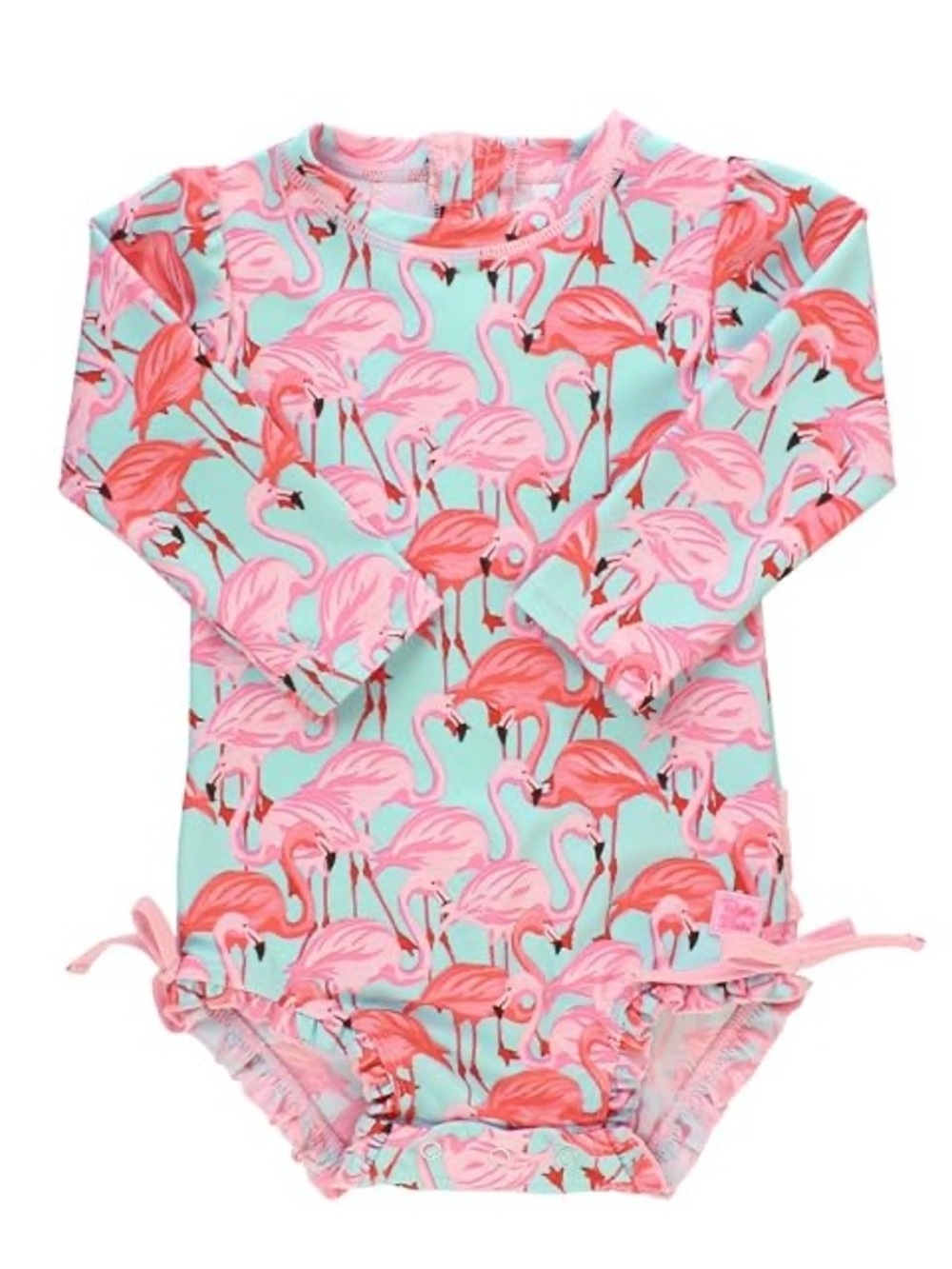 RuffleButts Girls Long Sleeve One Piece Swimsuit with UPF 50+ in Fab Flamingo